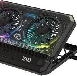 Porodo Gaming Crystal Shell Laptop Cooling Pad With Phone Holder, Dual High-Speed Fans, 8-Level Adjustable Height, RGB Lighting, Anti-Slip Base, USB-A & USB-C Ports, Compatible with 10-17 Laptops