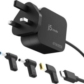 J5create 67W GaN PD USB-C Mini Charger with 3 Types of DC Connector, HP 4.5*3.0, Dell 4.5*3.0 Lenovo 11*5 90-Degree Right Angle Connectors, Up to 67W PD, UK Plug, Black | JUP1565DCF3A