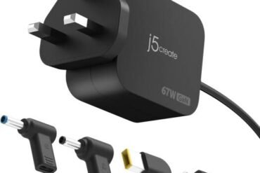 J5create 67W GaN PD USB-C Mini Charger with 3 Types of DC Connector, HP 4.5*3.0, Dell 4.5*3.0 Lenovo 11*5 90-Degree Right Angle Connectors, Up to 67W PD, UK Plug, Black | JUP1565DCF3A